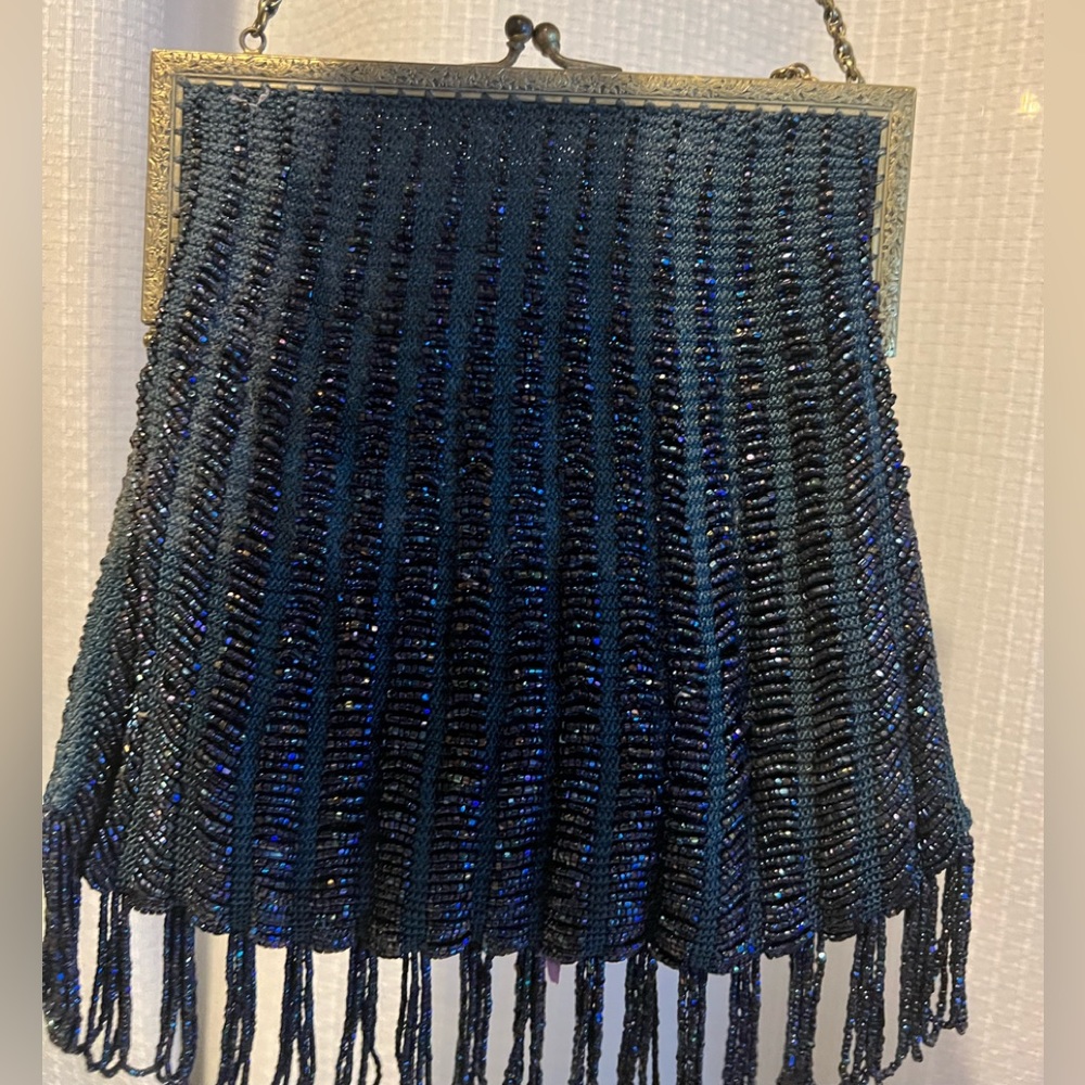 Large Antique Vintage Blue Beaded Purse Fringe Bag